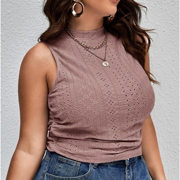 Plus Size Eyelet Embroidery Ruched Crop Tank Top Blouse Shirt - Picture 5 of 6